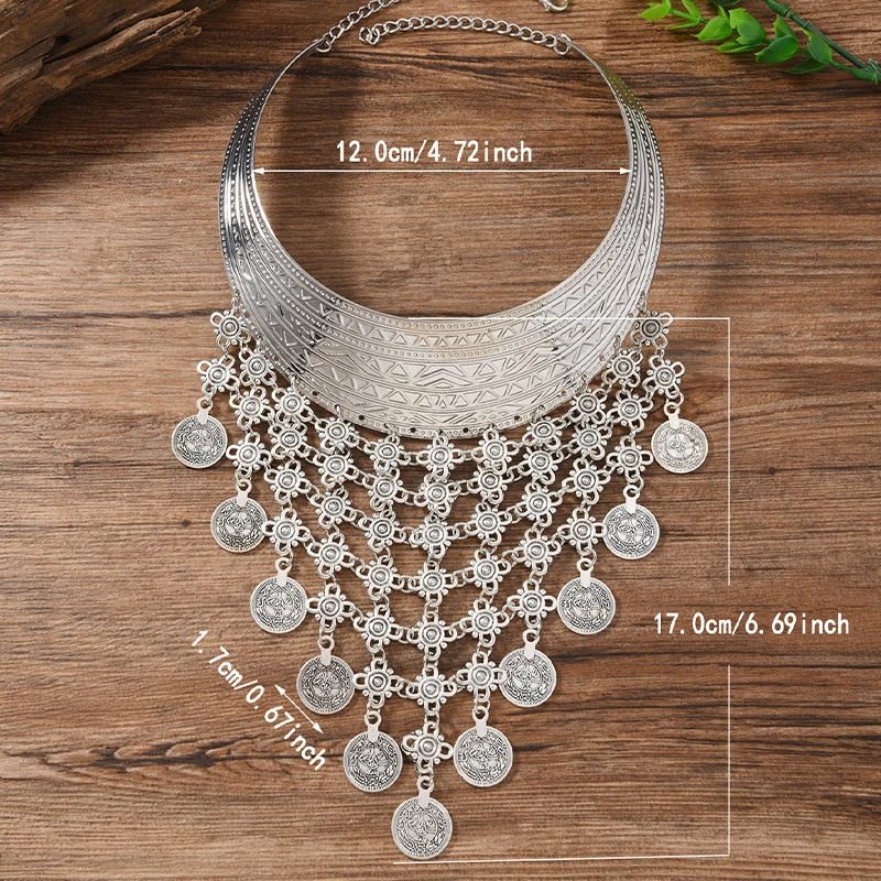 New Bold Punk Metal Floral Print Necklace Tassel Pendant Fashion Layered Jewelry Women's Statement Accessory view 6