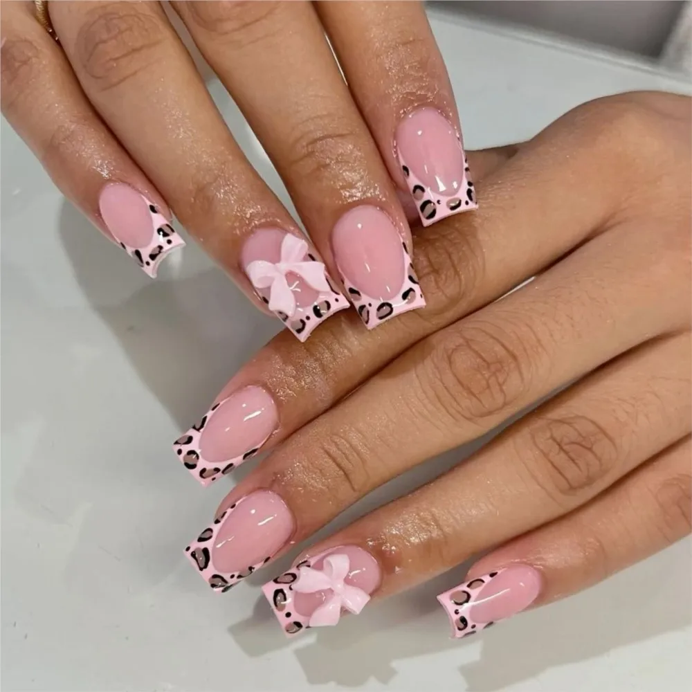 24Pcs Pink Leopard French Style Fake Nails 3D Bowknot Designs Short Square Press on Nails Sweet Korean Handmade False Nail Tips