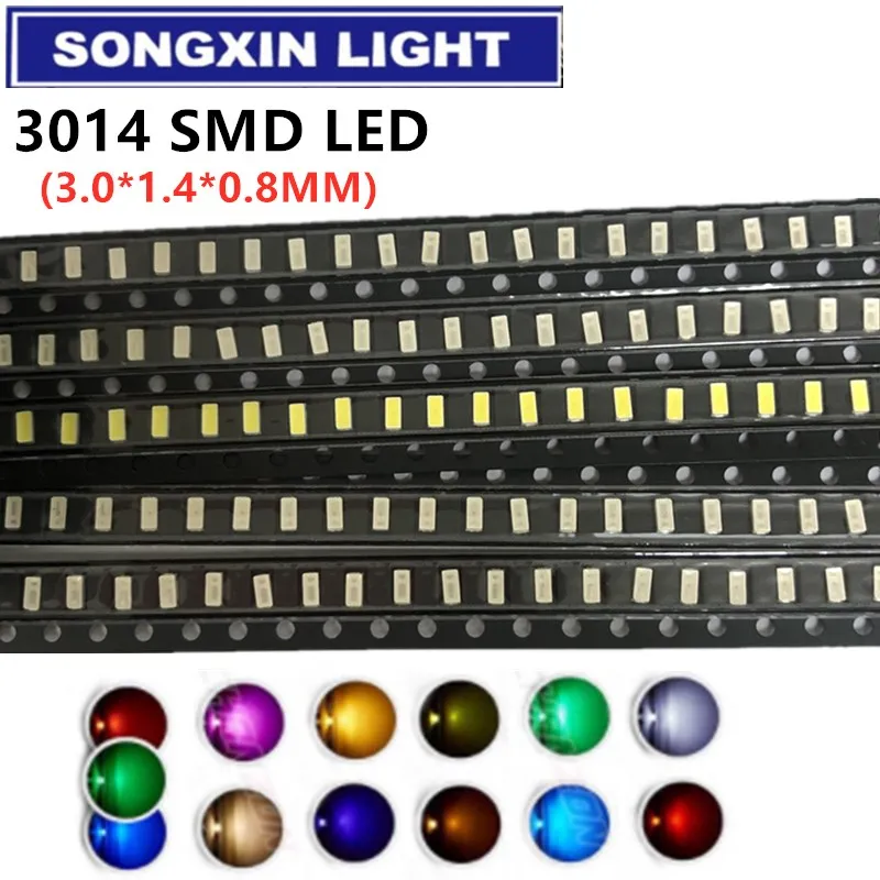 100pcs New 3014 0.1W 3.0 * 1.4 MM 2.0-3.2V Red/Green/Blue/White/Yellow Ice Blue Pink Warm White SMD LED kit