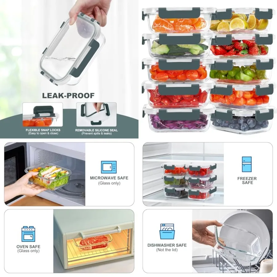 

10 Packs 22 oz Glass Meal Prep Containers, Glass Food Storage Containers with Lids, Airtight Lunch Boxes BPA Free, Microwave an