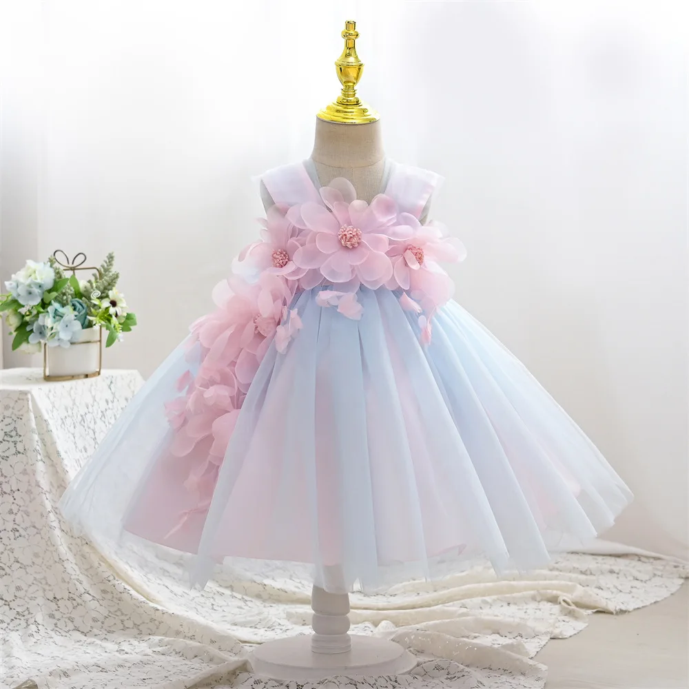 

Light Blue Flower Girl Dresses 3D Floral Princess Ball Gown For Kids Birthday Party First Communion Dress