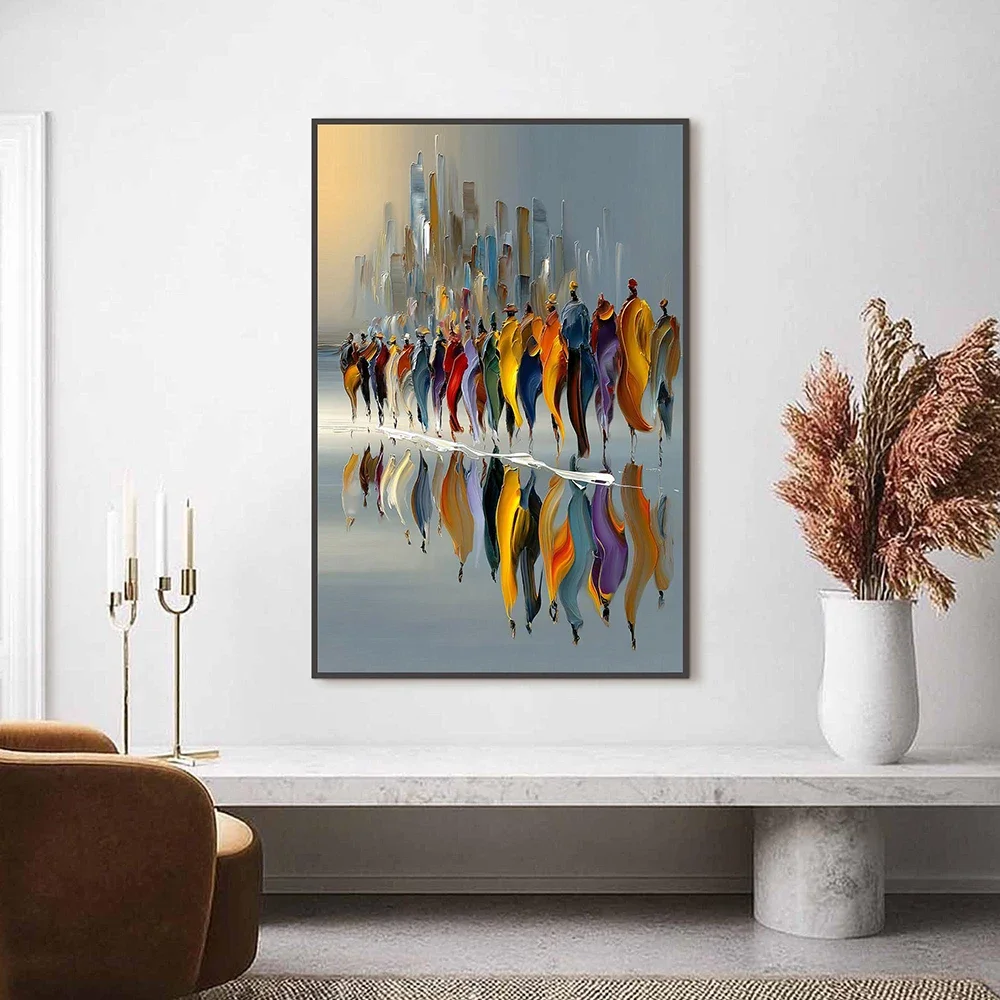 Frameless Canvas Painting Abstract Cityscape Painting, Colorful People Walking Wall Arts, Modern Urban Artwork, Living Room Home