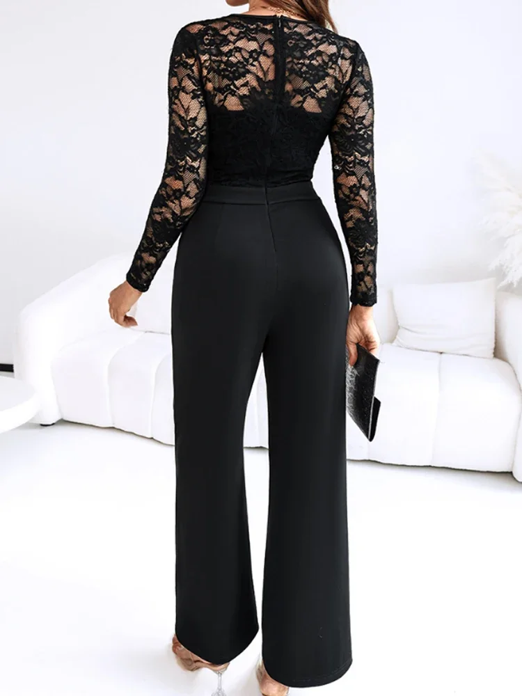 Sexy Trim V-Neck Lace Jumpsuit Casual Lace Long Sleeve Zipper Back Jumpsuit