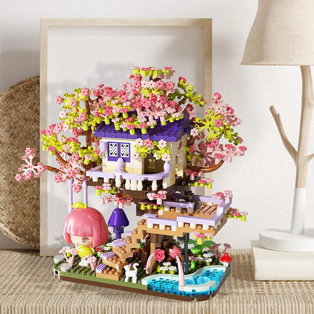 

Idea Micro Diamond Block Cherry Blossom Flower House Building Bricks Treehouse Nanobricks Streetscape Construction Toys For Gift