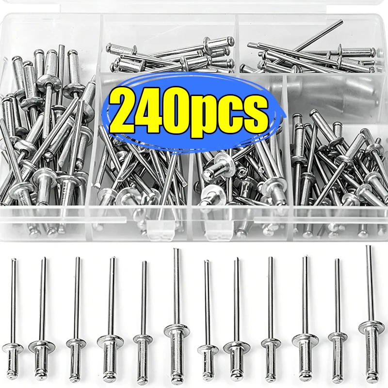 240/120pcs Aluminum Core Pull-through Rivet Assortment Kit for Wood Plastic Metal Car Repaired Fasteners Round Head Nail Rivets
