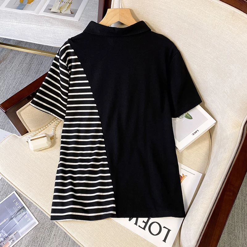 Summer XL-4XL Large Size Stripe Splice Tshirt Women Turn-down Collar Loose Oversize Tops Short-sleeve T-shirt Single Breasted