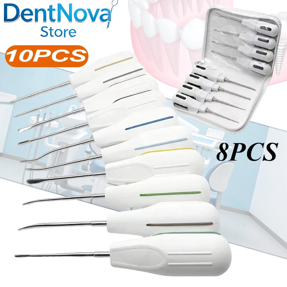 Dental Luxating Elevator Set 10Pcs Stainless Steel Root Lift Forceps Curved Handle for Tooth Extraction Kit