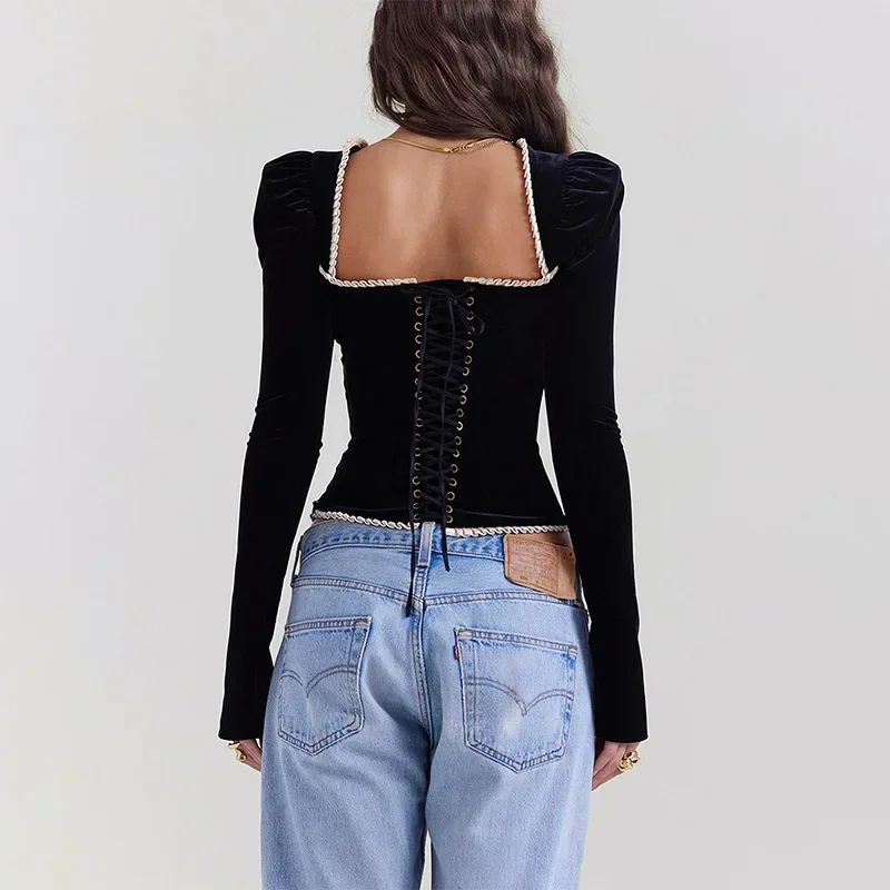 Vintage Black Velvet Corset Top Square Collar Long Sleeve Blouse For Women Fashion 2024 Autumn Winter Elegant Blouses And Shirts