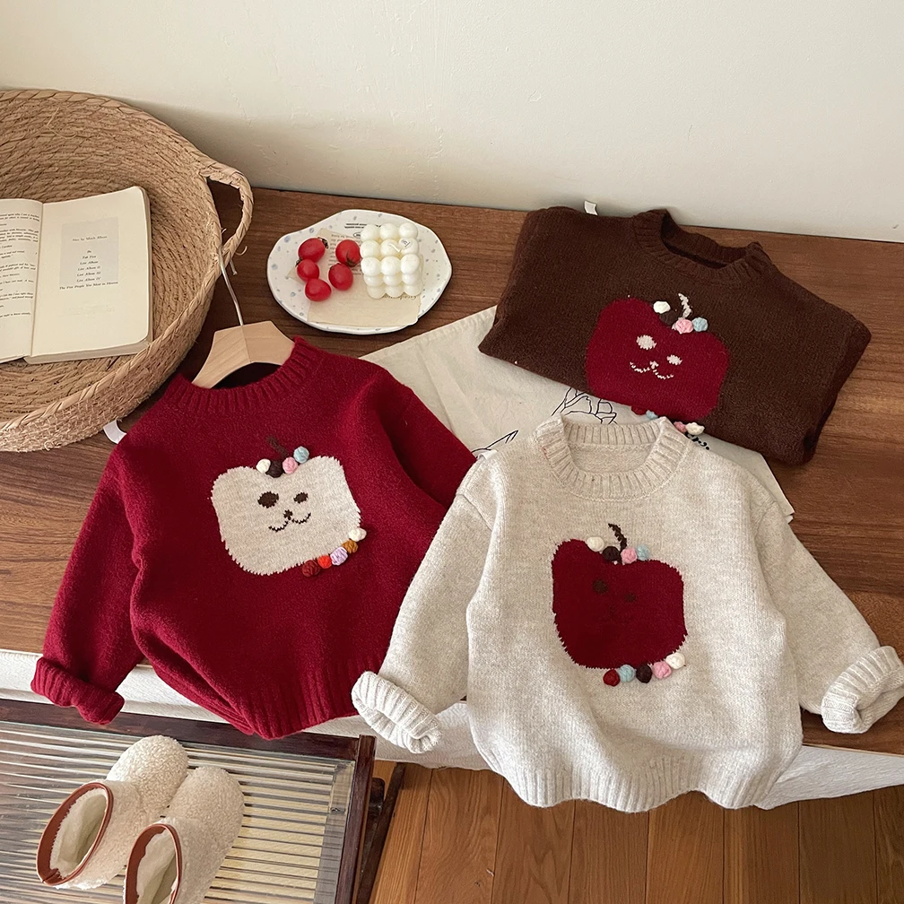 

Thiened Embroidered Knitted Sweater Autumn Winter Sle Korean Version Girls Overhead Top Little Kids Base Layer Knit...