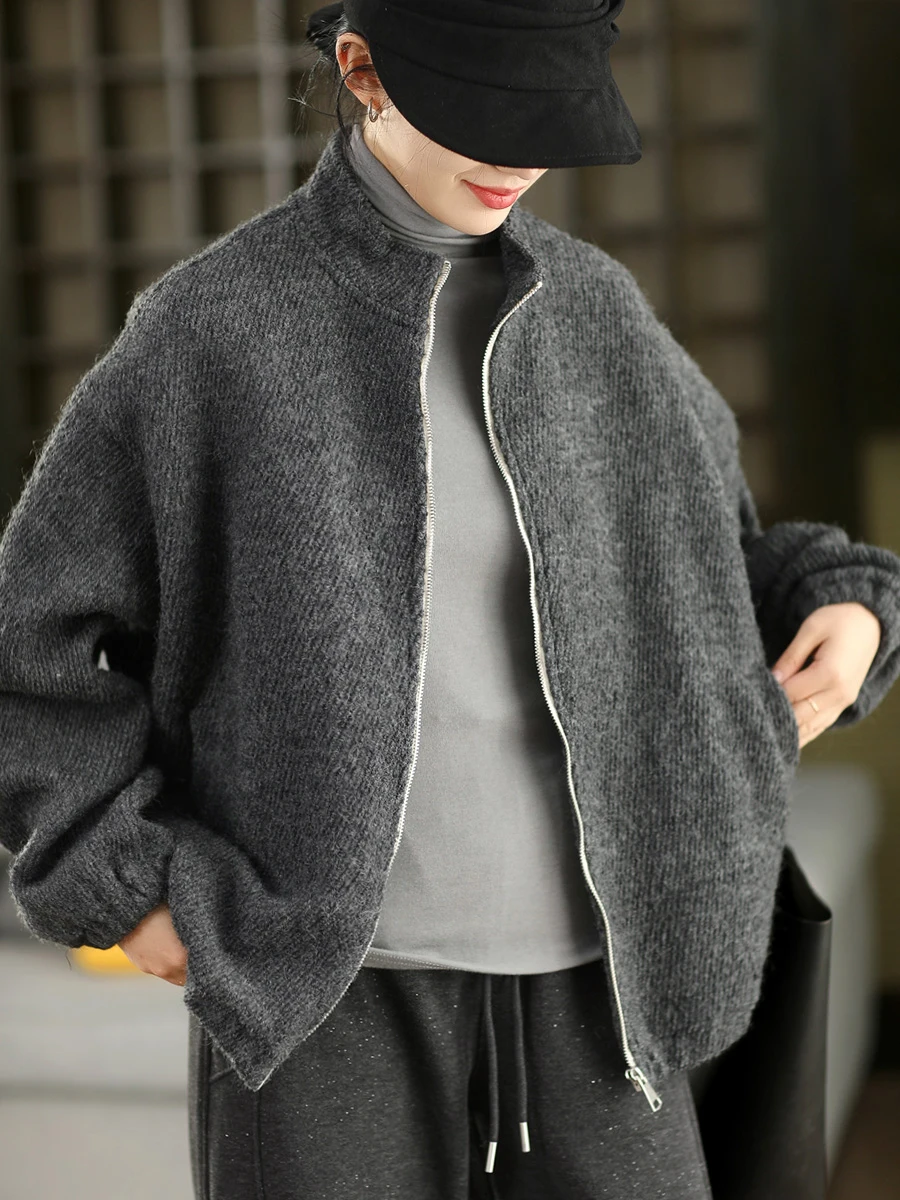 

Утепленное шерстяное женское пальто с длинными рукавами и воротником-стойкой, высококачественный модный теплый зимний кардиган, женская куртка