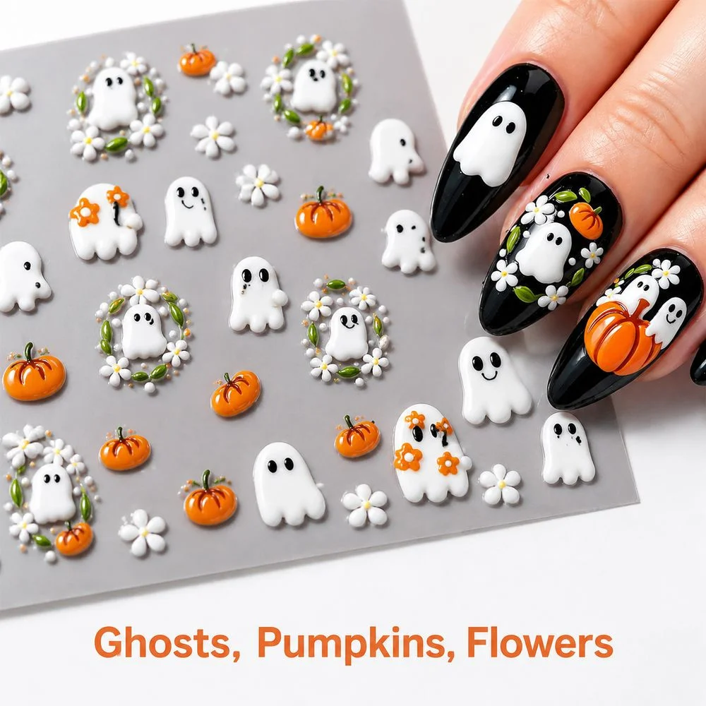 1Pc Y2K Cute Halloween Nail Decals 5D Raised Smiley Ghost Pumpkin Floral Pattern Waterproof Single Sheet Self Stick Sticker