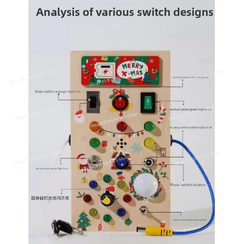 Wooden Busy Board - LED Light & Real Switches, Sensory Activity Toy for Toddlers 1-3