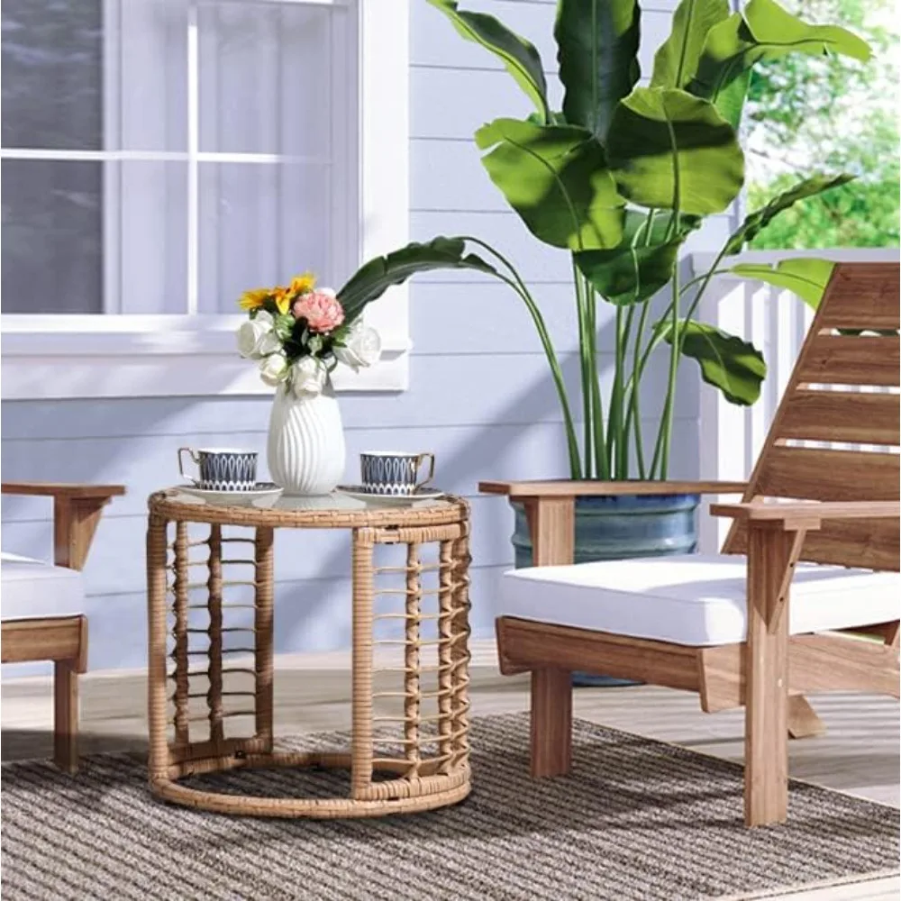 Outdoor Wicker Side Table, All-Weather Patio Rattan End Table with Glass Top, Round Coffee Table for Indoor Outdoor