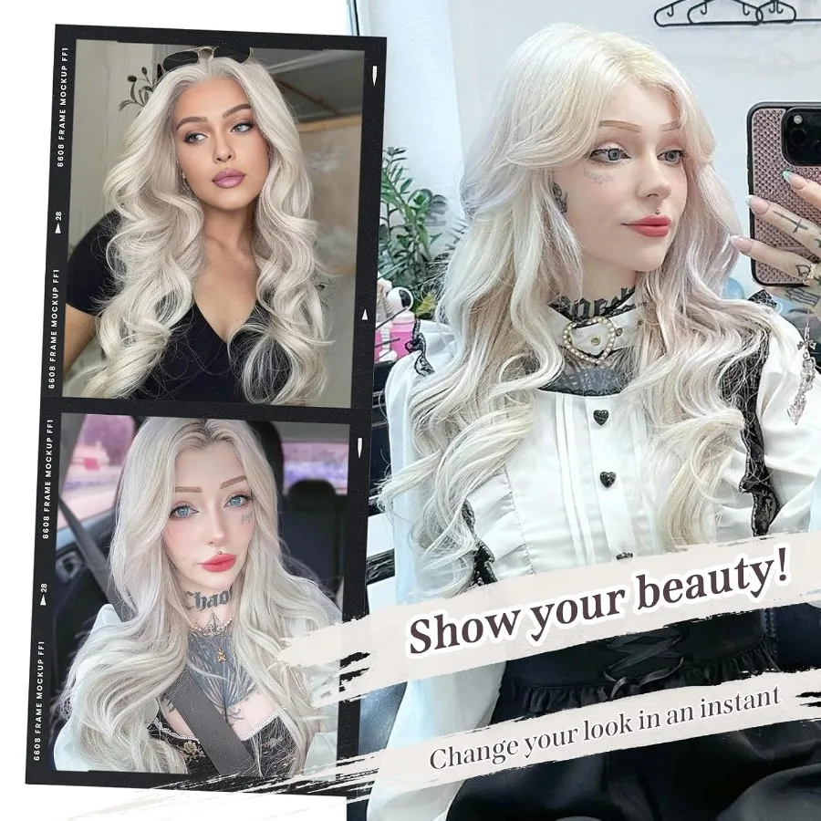 Wig sintetis lace front putih bergelombang panjang 26 inci dengan HD TPart untuk wanita, tampak alami seperti rambut manusia, desain belahan tengah, sudah dirapikan.