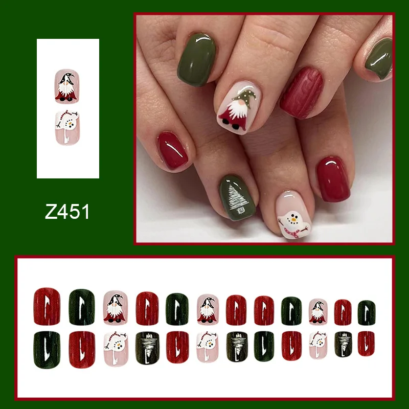 Faux ongles de Noël Kawaii à presser avec des onglets collants, bouts d'ongles carrés, rouge et vert, hiver, N64.24 pièces