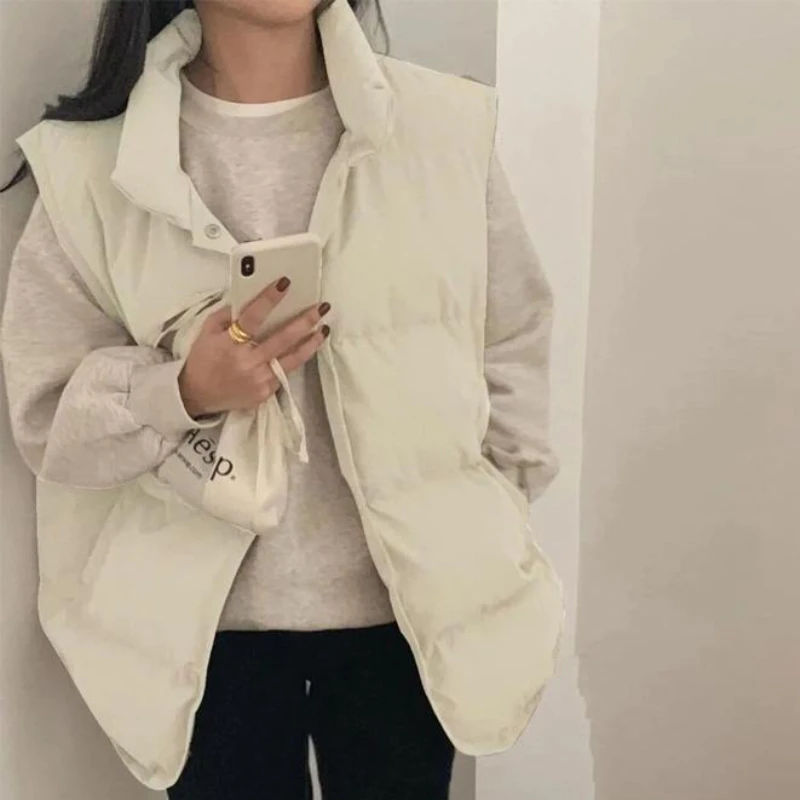 Vests Women Simple Chic Stand Collar Loose Pocket Pure Color Fall Fashion Newly All-match Outwear Leisure Student Kpop Street