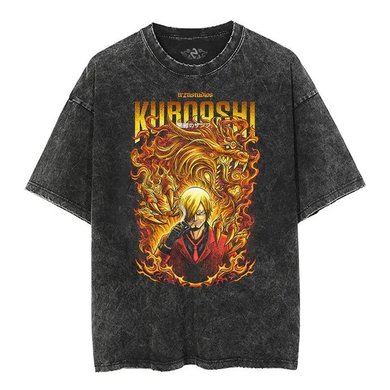 

240G Heavy Japanese Classic ONE PIECE Luffy Animation Print Oversize Washed Short Sleeve T-shirt Shirt Unisex Men Women Summer