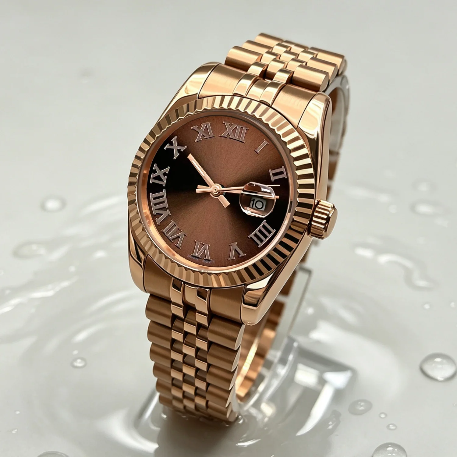 BLIGER 31mm Lady Wristwatch NH05 Automatic Watch Sunburst Brown Dial Rose Bezel Watches for Women Roman Marks Date Girl's Watch
