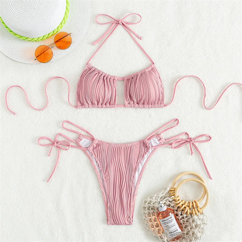 Sexy Pink Micro Halter Bikinis Set Mini Thong Swimsuits Wrinkled Swimwear Women String Lace-up Bathing Suit Biquinis Bikini Swim