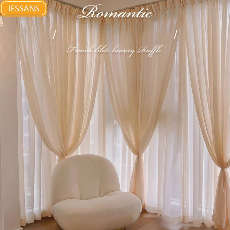Shutter Milk Beige Chiffon Princess Tulle Window Screen Curtains for Living Room Bedroom Window Balcony Partition Door Screen