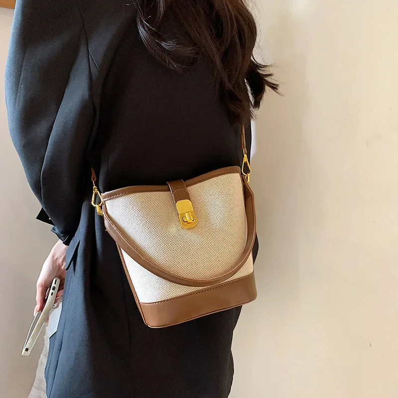Fashion Design Women's Bag Bucket Handbag Retro Ladies Shoulder Bag Crossbody Canvas Leather Light Luxury Small Bags for Women