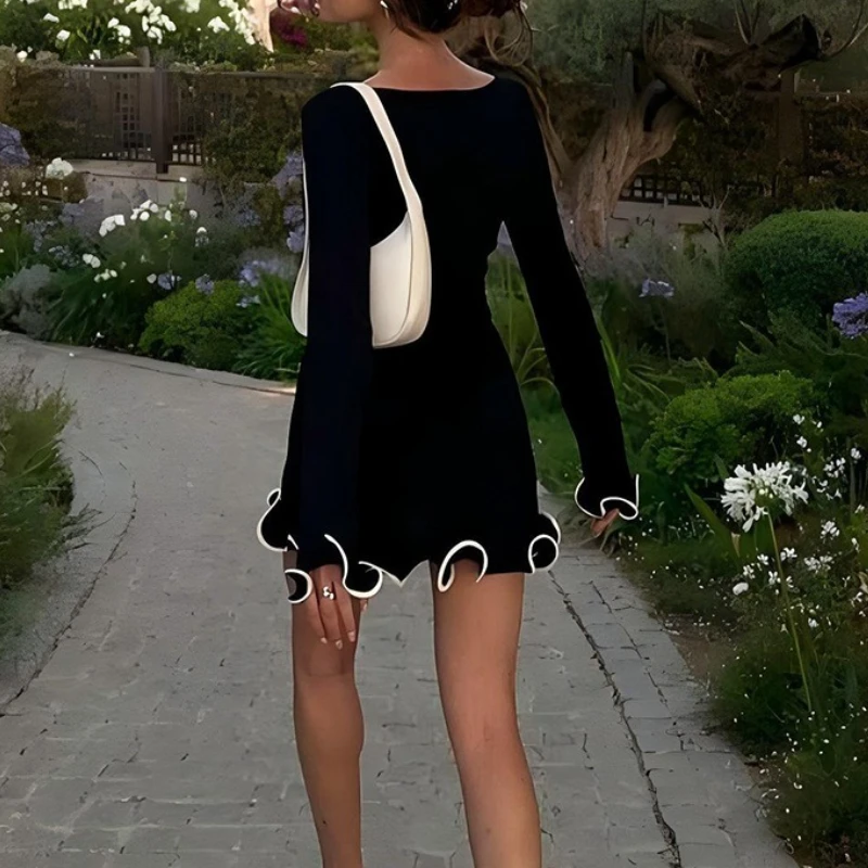 니트 섹시 바디콘 드레스 여성 패션 우아한 긴팔 베스티도스 빈티지 미니 드레스 여성 의류 스트리트웨어