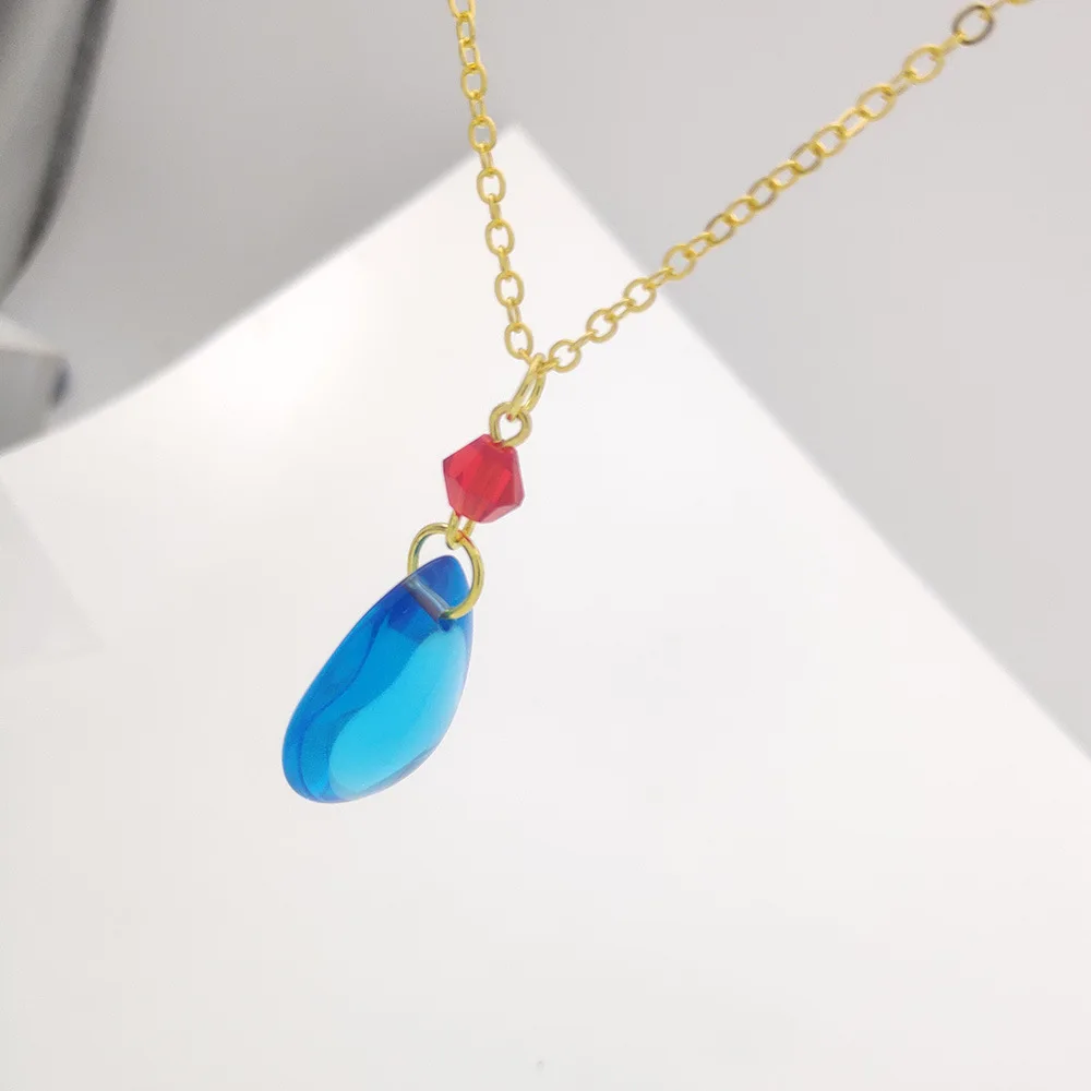 Water Drop Blue Crystal Necklace Stainless Steel Anime Style Transparent Gem Pendant Adjustable Daily Wear Jewelry