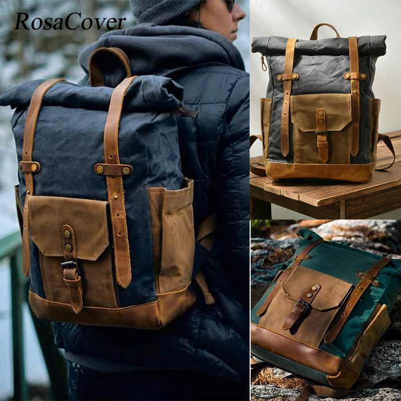 Vintage Oil Wax Leather Canvas Men Backpack Capacity School Bag Military Backpack Women Rucksack Male Knapsack Bagpack Mochilas