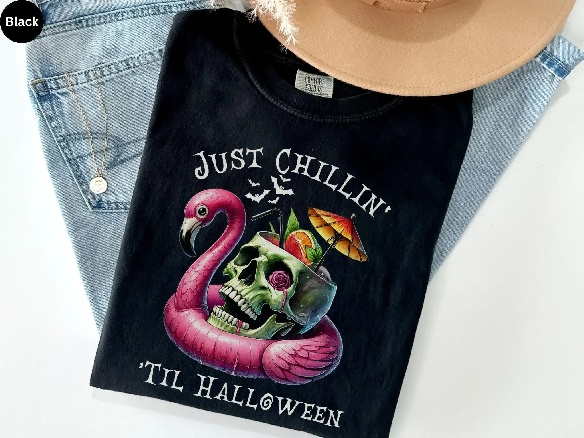 Camiseta de verano de Halloween con diseño de calavera retro divertida y flamenco inflable para una persona espeluznante