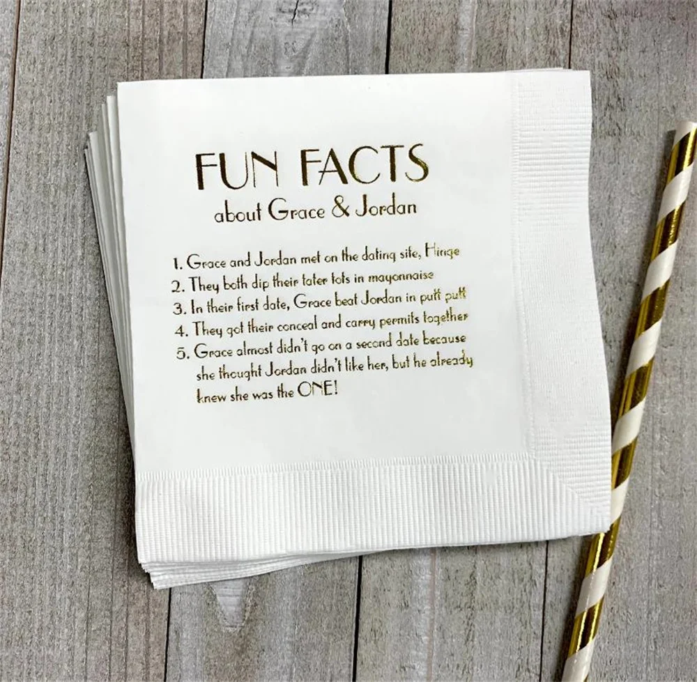 

50 шт. персонализированные салфетки Trivia, свадебные тривийские салфетки на день рождения, забавные салфетки для фактов, обеденный обед и гостевые полотенца Ava