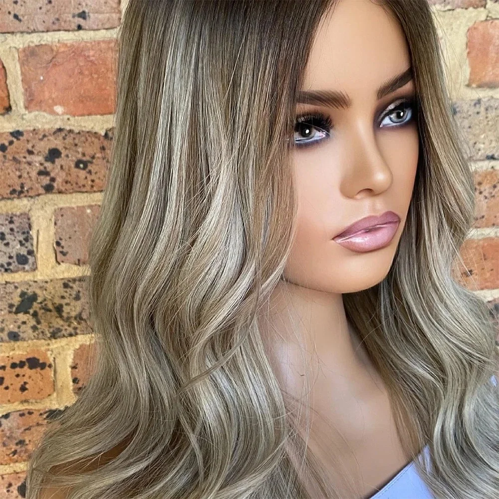 22“ Ombre Caramel Brown Synthetic Wig HD Lace Frontal with Black Roots Free Part Small Cap Size for Women High Heat Futura Wigs