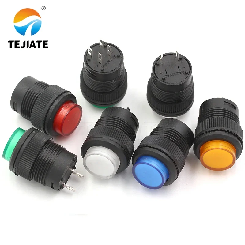 1pcs R16-503 push button switch with light inching reset self-locking switch round red and green 4 feet 2 feet 16MM