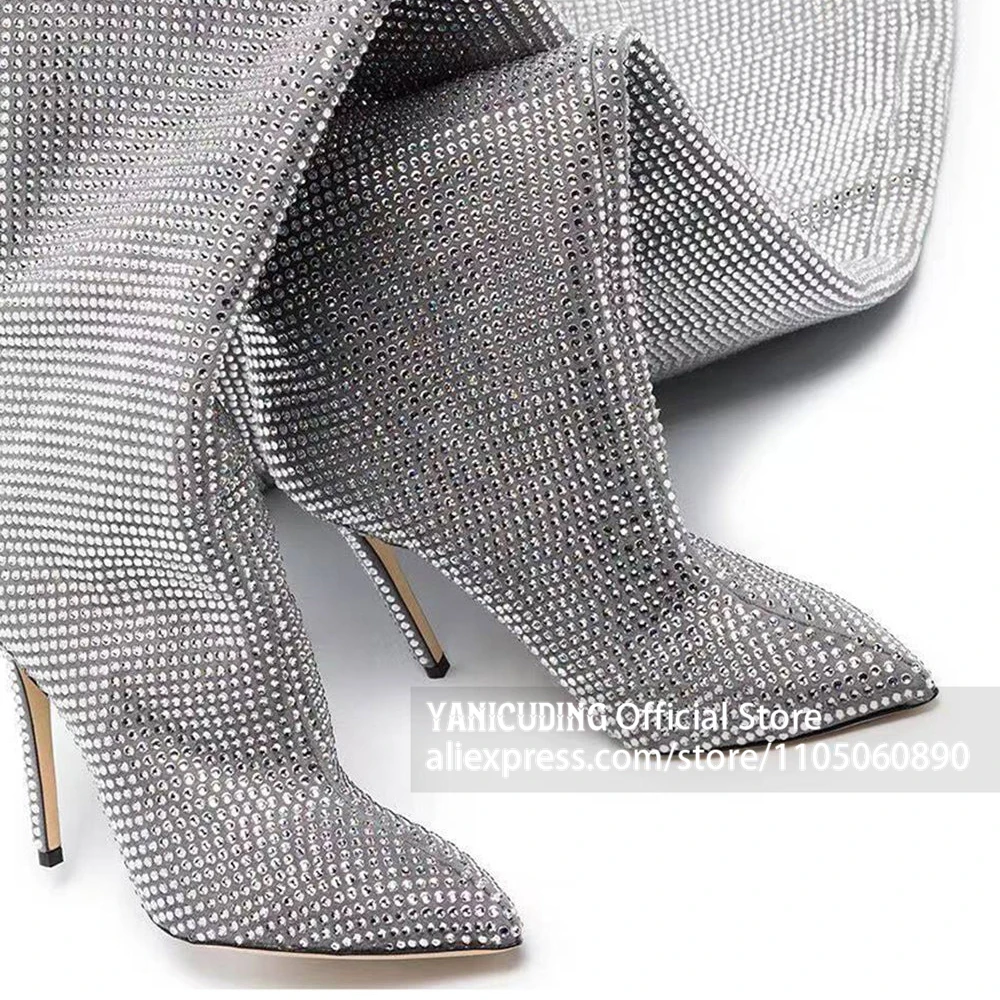Full Rhinestone Slouchy Over The Knee Boots Sparkly Crystal Pointed Toe Thigh High Boots Glitter Rhinestone Ruched Stiletto Boot