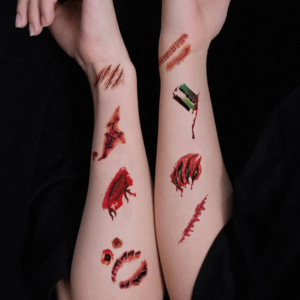 30pcs Bleeding Wound Fake Tattoo for Women Men Scar Tattoo Stickers for Halloween Party Body Art Temporary Tattoos Waterproof