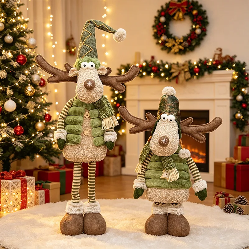 New 1pc Green Fabric Long-beaked Reindeer Figurine Christmas Set Decoration Ornaments Gifts Handicrafts Fabrics Home Decoration