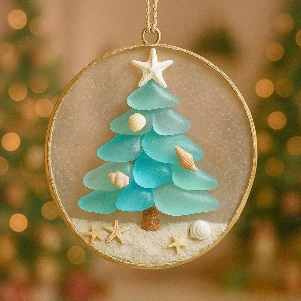 Ornement de Crèche avec Motif Plage Côtier Célébrant la Nativité de Jésus, Décoration de Noël en Acrylique avec Motifs Marins Givrés