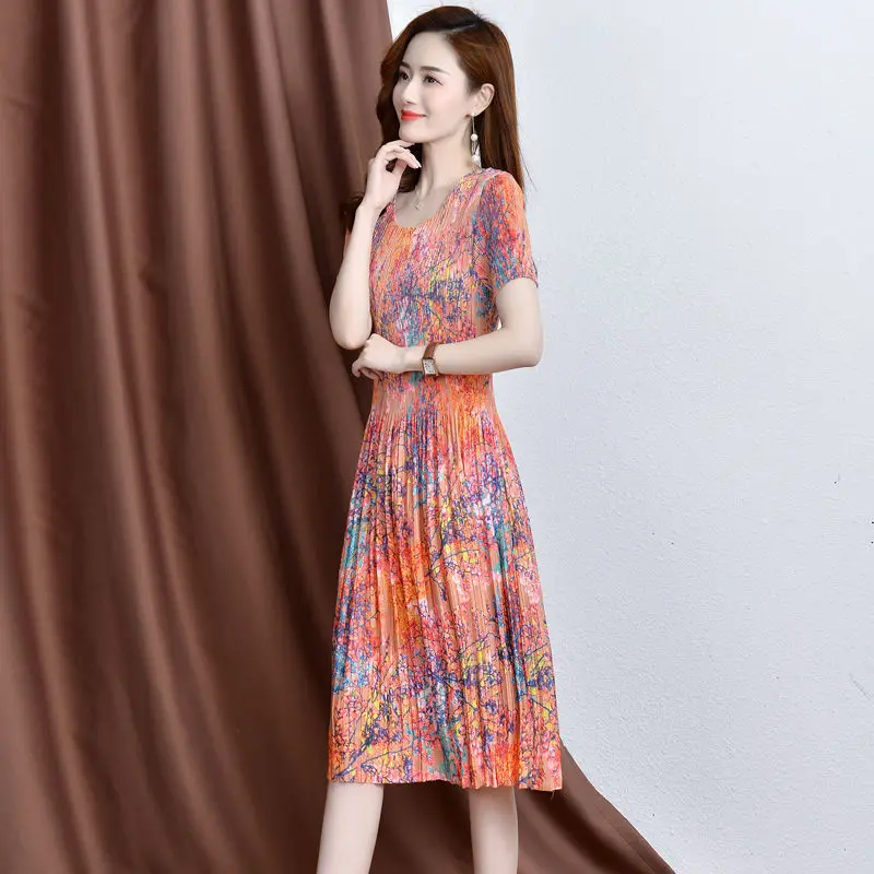 Print skirt dress female 2023 new summer festive dress design sexy casual niche high-level o neck short sleeve dress waist