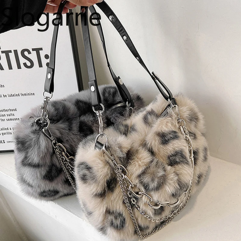 موضة ليوبارد حقيبة المرأة السنة الجديدة هدية أرنب فو الفراء حقيبة يد السيدات الشتاء رقيق حقائب كتف فروي حقائب بيد علوية مخلب
