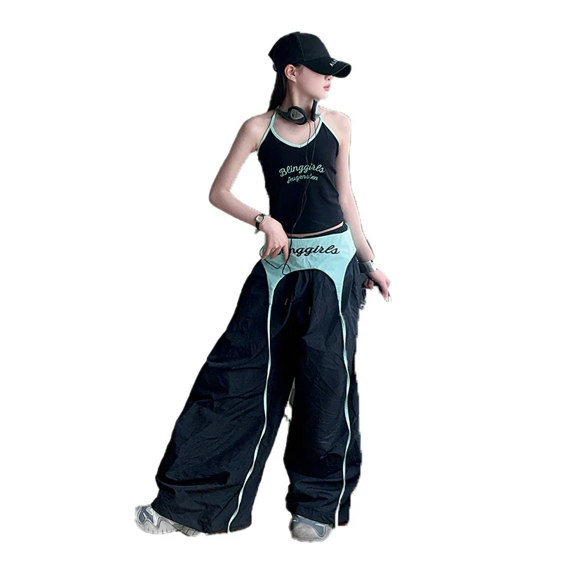 กางเกงพาราชูทผู้หญิง สไตล์อเมริกัน ผ้ากำมะหยี่ทรงหลวม สำหรับเต้นรำ กิจกรรมกลางแจ้ง สไตล์กรันจ์ แฟชั่นฮาโลวีน ลายปะติด