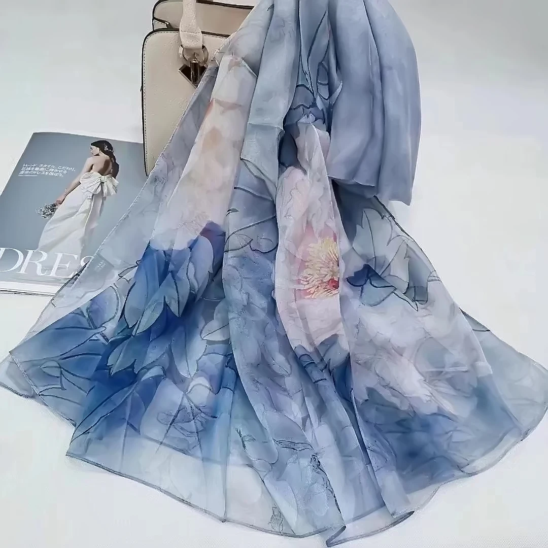 BYSIFA|New Ink Blue 100% Silk Shawl Scarf Fashion Floral Design Chiffon Long Silk Scarves Summer Beach Shawl Winter Brand Scarf