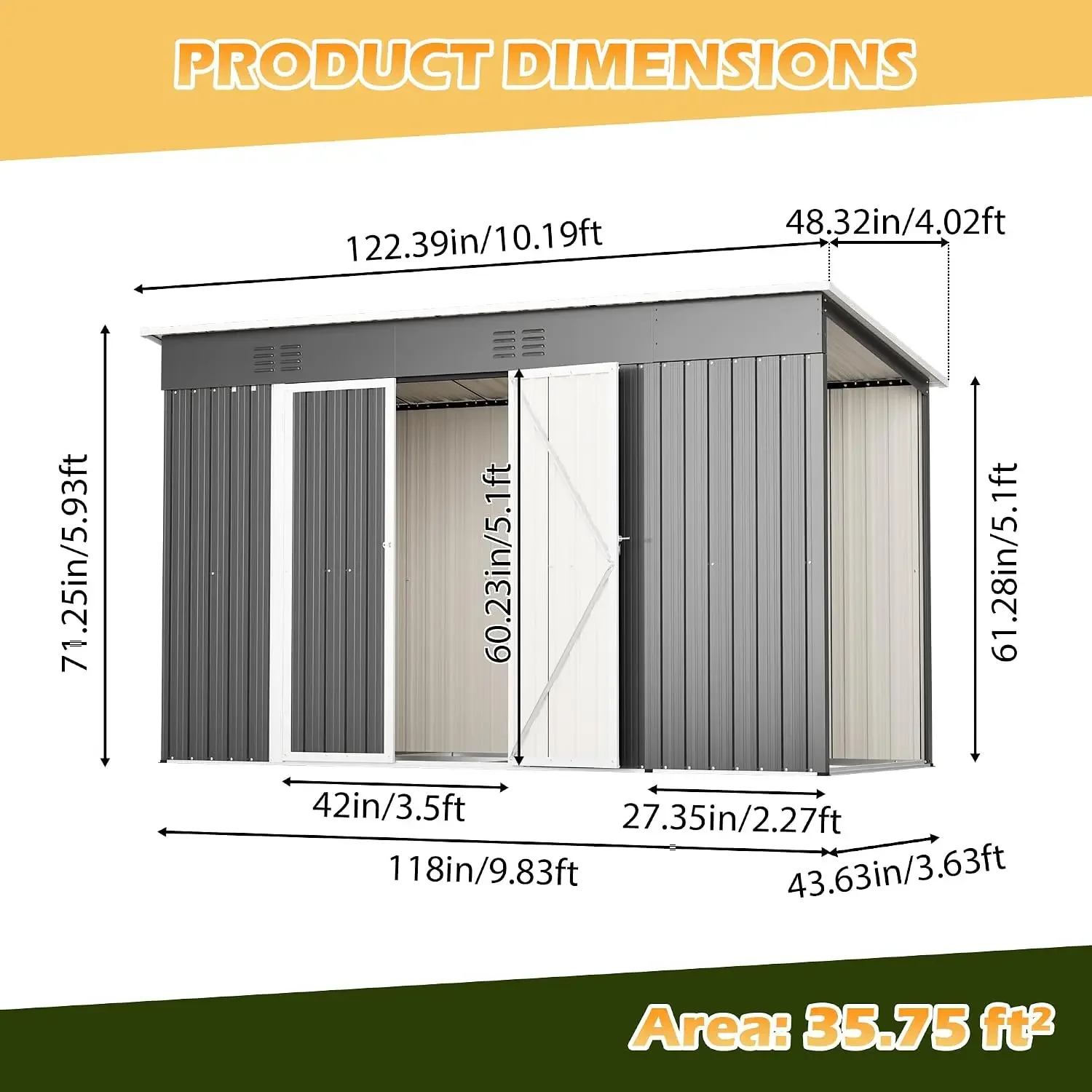 10 x 4 FT Outdoor Metal Storage Shed for Garden Tools Lockable Door with Floor Frame, Tool Shed with Open Side Room