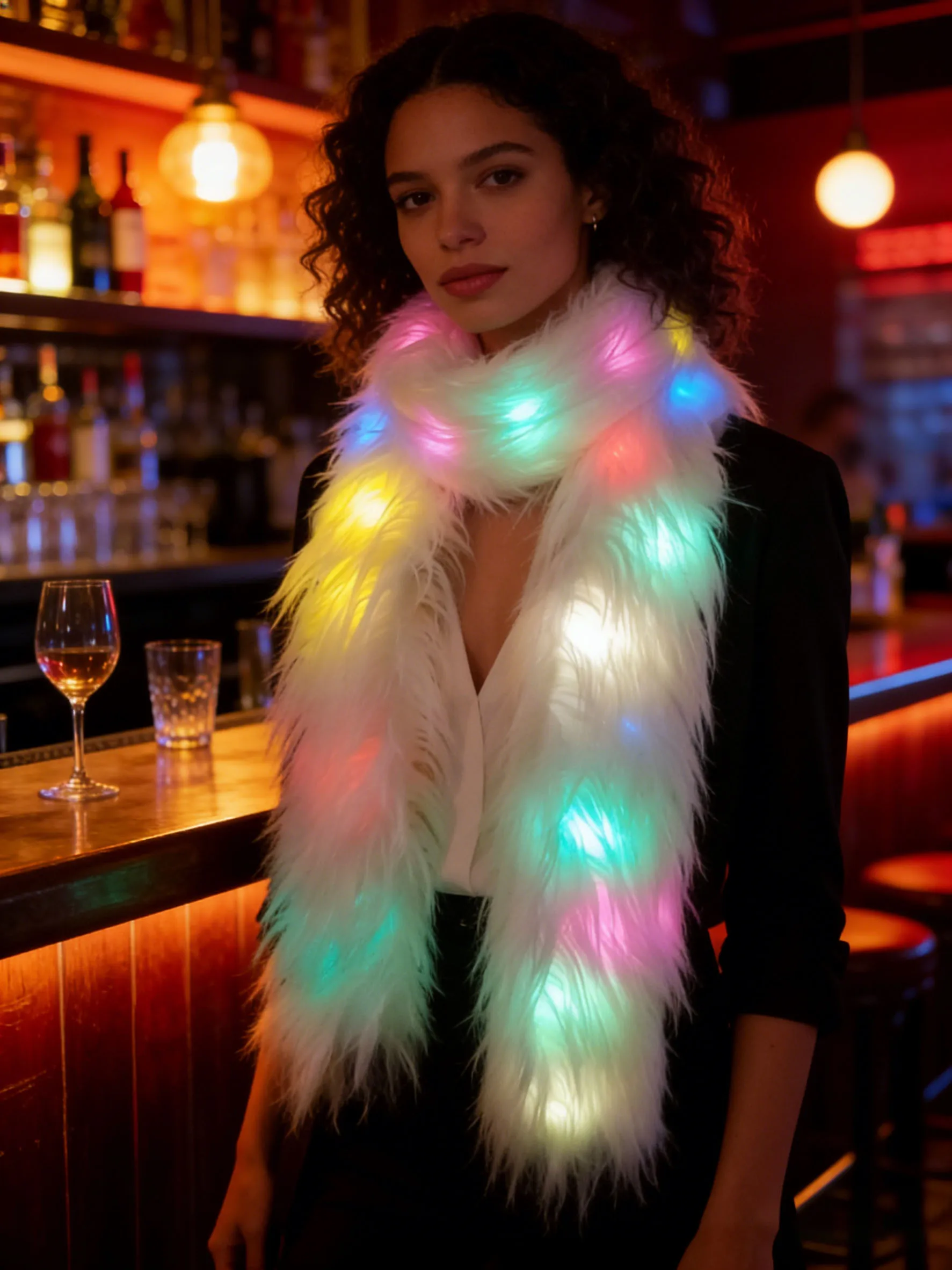 Women Fluffy Faux Fur Thicken Led Lights Cool Night Halloween Costume Scarf Autumn Winter Long Ponchos Scarf Faux Fur Wrap 4
