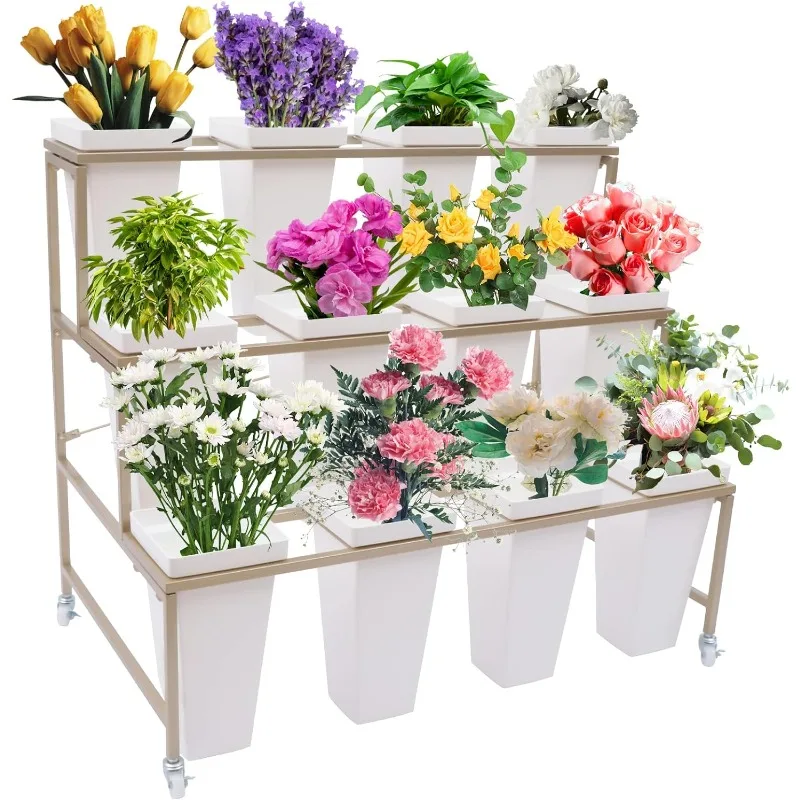 

Flower Display Stand With 12PCS Buckets,3 Layers Plant Cart with Wheels,Heavy Duty Moving Flower Rack for Indoor, Outdoor Patio