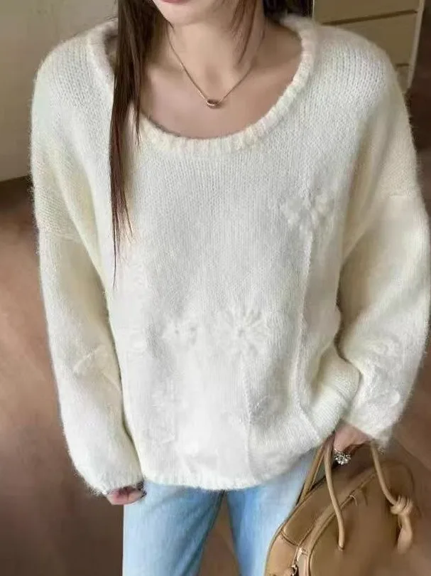 

Корейский мягкий пушистый белый трикотаж, свободный ленивый высококачественный осенне-зимний женский топ, качественный вязаный свитер