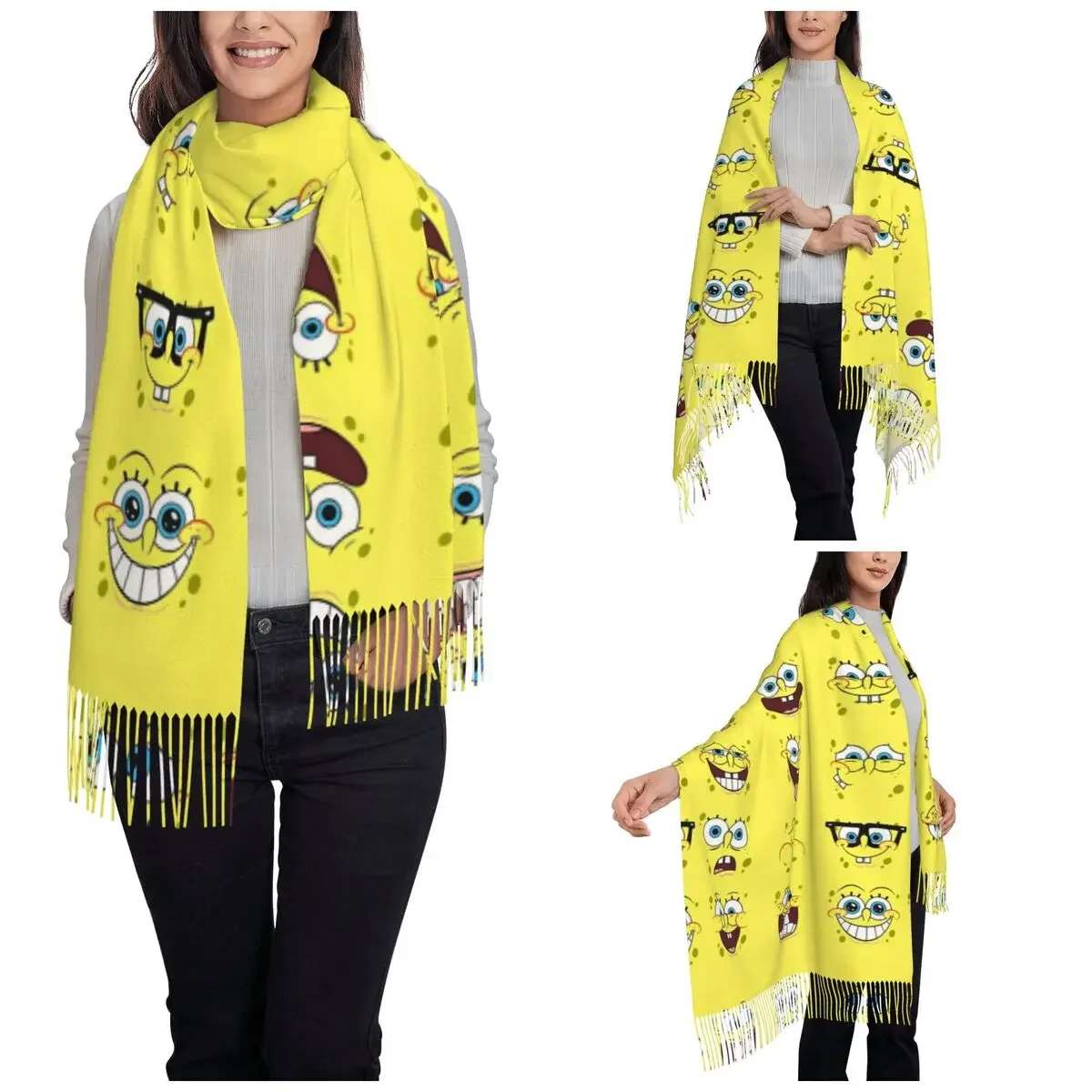 Spongebobbed Cartoon Animated Shawl Wraps Women Warm Large Soft Scarf  Neckerchief Tassel Scarves