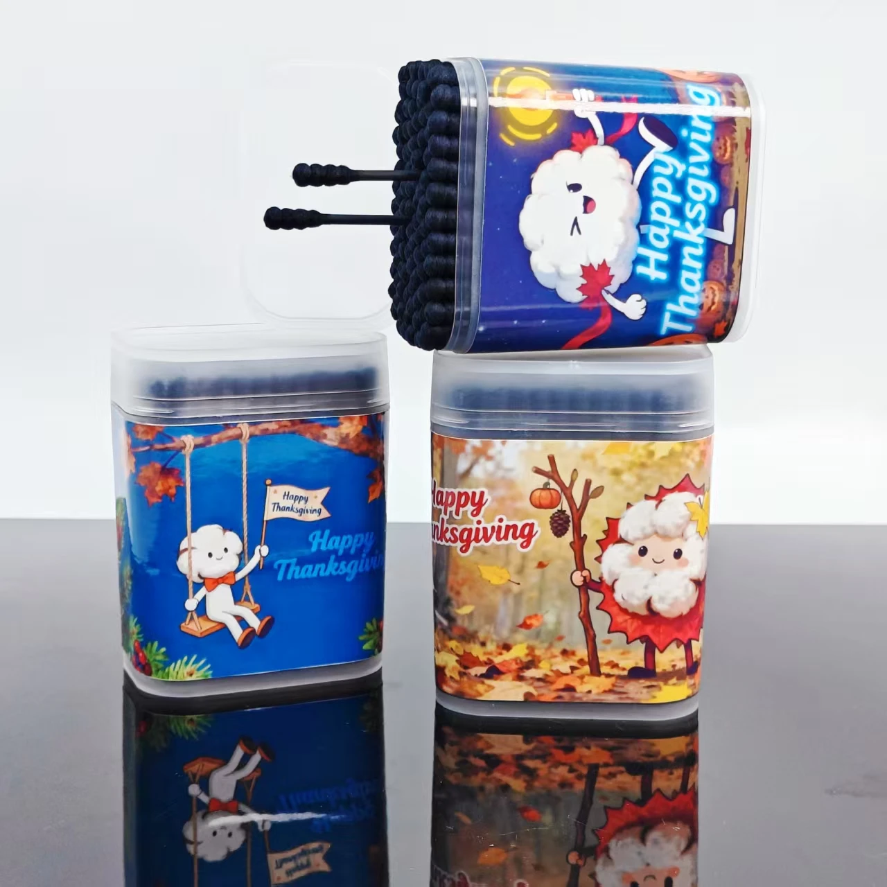 성인용 추수감사절 테마 양면 면봉 300개, 창의적인 추수감사절 요소, 검은색 면봉