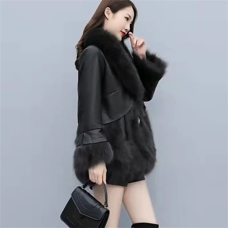 2024 Women Mid-Long Style Faux Fur Jacket Winter Female Pu Leather Splicing Fur Outwear Ladies Long Sleeve Thicken Warm Fur Coat