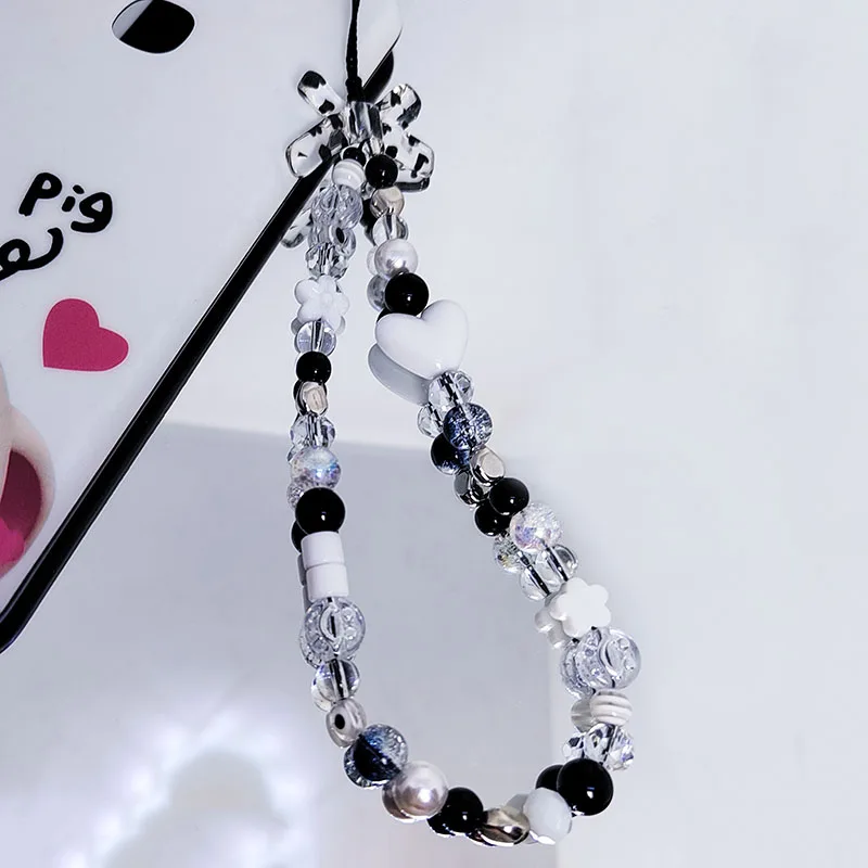 Black White Mobile Phone Charm Strap Chain Lanyard for Women Acrylic Bow Heart Glass Crack Beads Hot Girls Y2K Pendant Jewelry