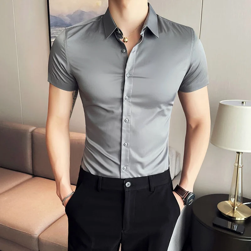 2023 Summer New Skinny Design White Shirt Men Causal Basic Short Sleeve Button Blouse Classical Tops