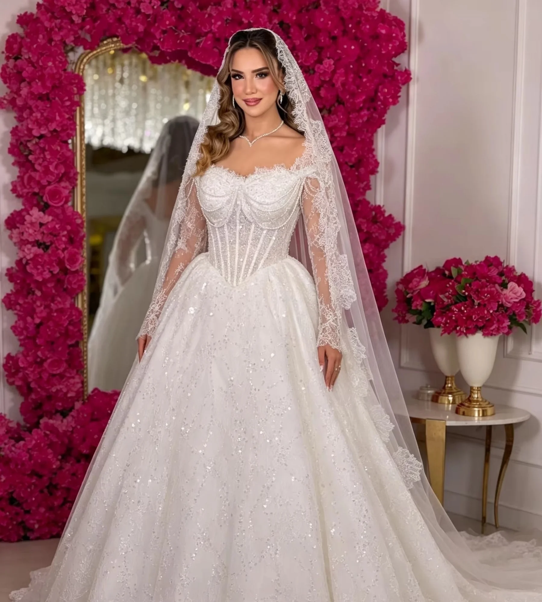 Customized Off Shoulder Long Sleeve Lace Ball Dress Tight corset Shining Sweep Train White Princess Wedding Dress
